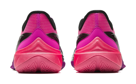 Low-top basketball shoes, heel and outsole view; fluorescent rose with black collar.