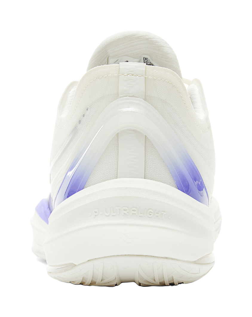 Lightweight basketball shoe heel view in white with purple accent and cushioned sole
