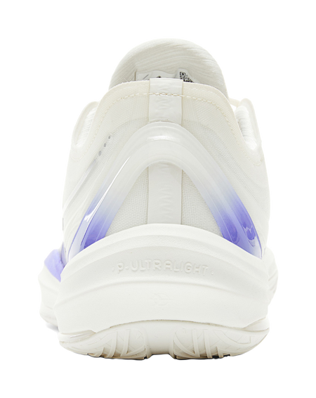 Lightweight basketball shoe heel view in white with purple accent and cushioned sole