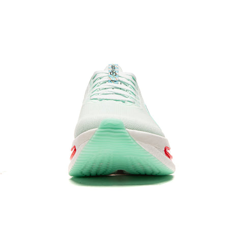 Women's running shoe heel, ice blue knit, white foam midsole, green outsole edge