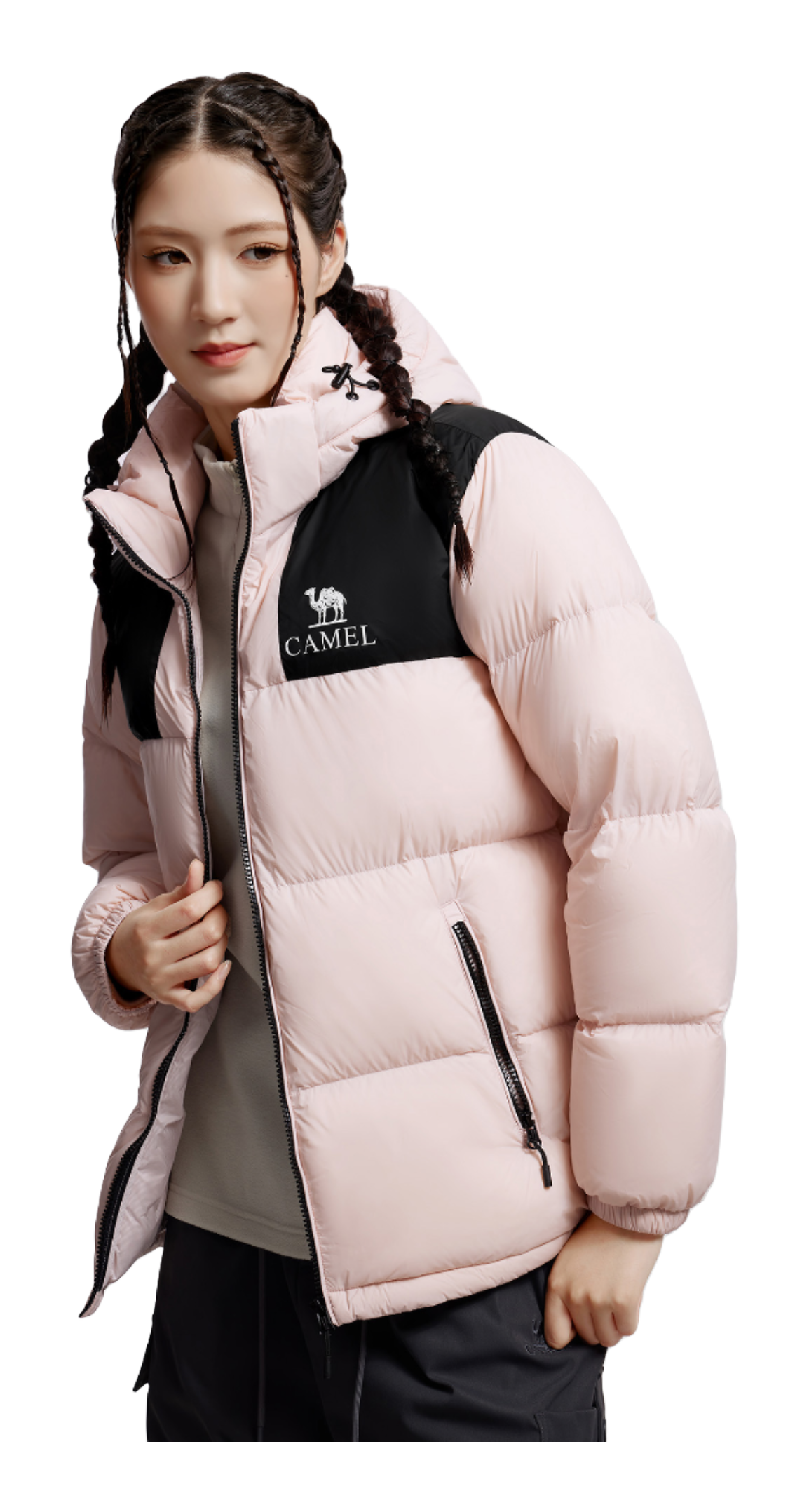 Unisex down jacket with hood, light pink body and black panels, full-zip front