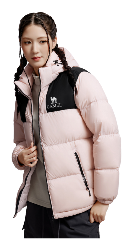 Unisex down jacket with hood, light pink body and black panels, full-zip front