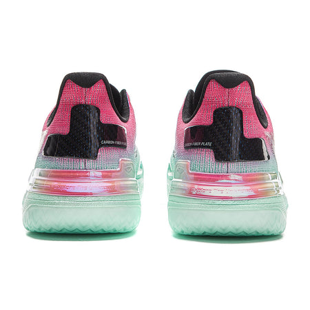 Unisex basketball shoes heel view with pink uppers, black back tabs, and mint cushioning.