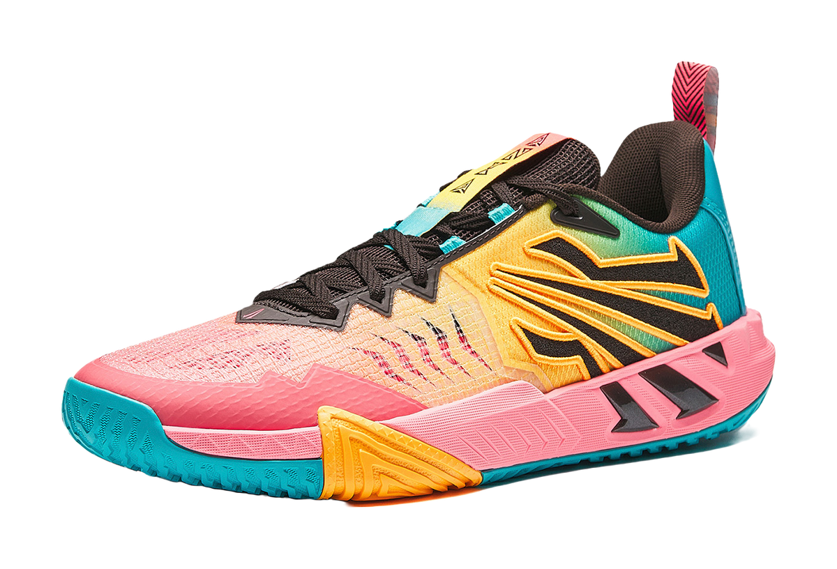 Anta KAI 2 Team basketball shoe front 3/4 view, pink, teal, orange highlights