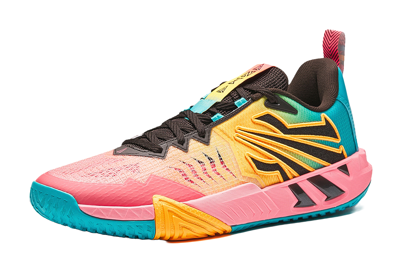 Anta KAI 2 Team basketball shoe front 3/4 view, pink, teal, orange highlights