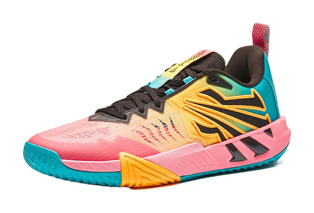 Anta KAI 2 Team basketball shoe front 3/4 view, pink, teal, orange highlights