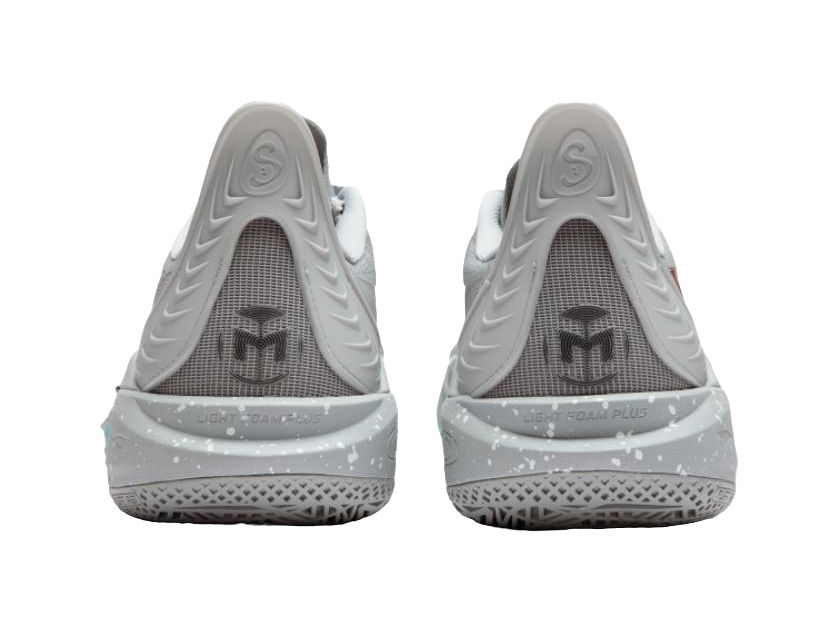 Gray basketball shoes back view with padded heel and teal speckled midsole detail