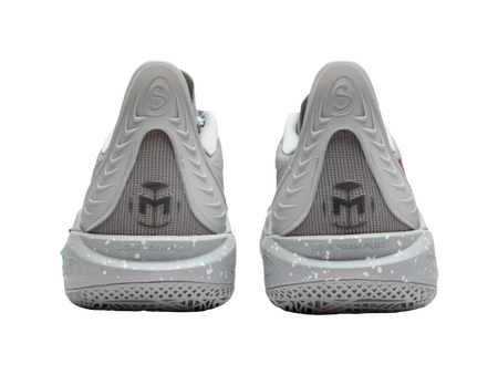 Gray basketball shoes back view with padded heel and teal speckled midsole detail