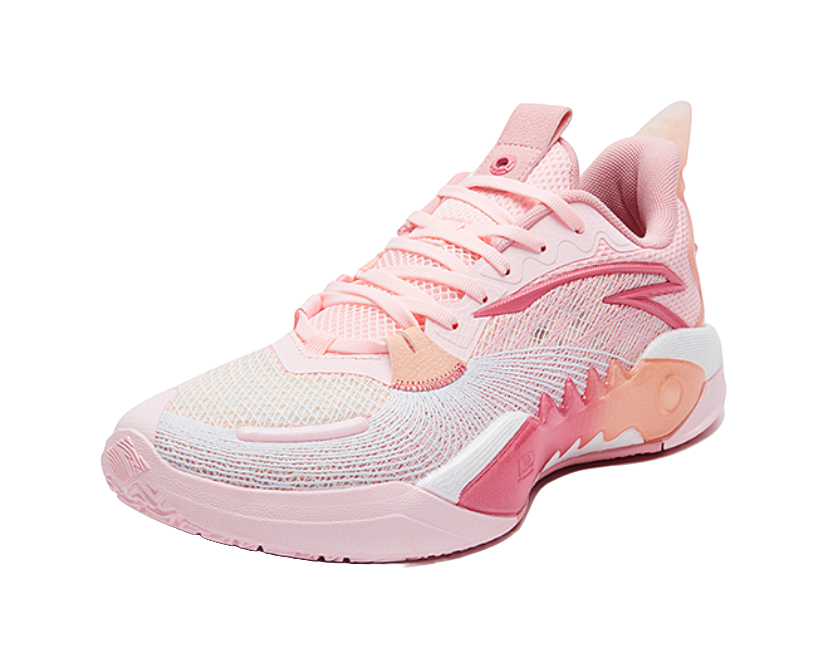 Light pink basketball shoe with lace-up knit upper and chunky orange-accent sole