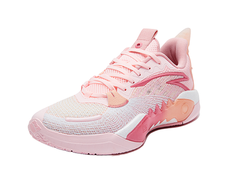 Light pink basketball shoe with lace-up knit upper and chunky orange-accent sole