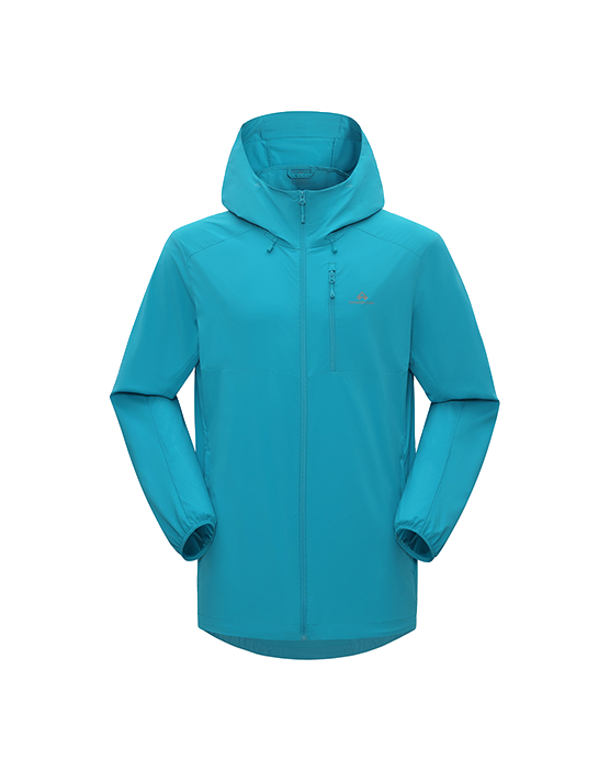 Men's hooded sun jacket in turquoise blue with full-length front zipper