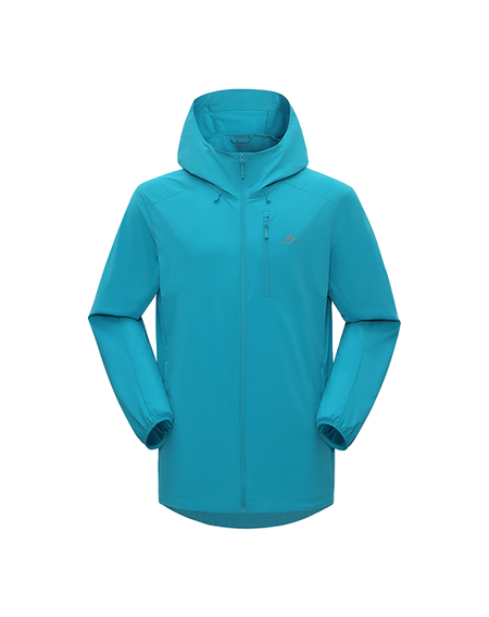 Men's hooded sun jacket in turquoise blue with full-length front zipper