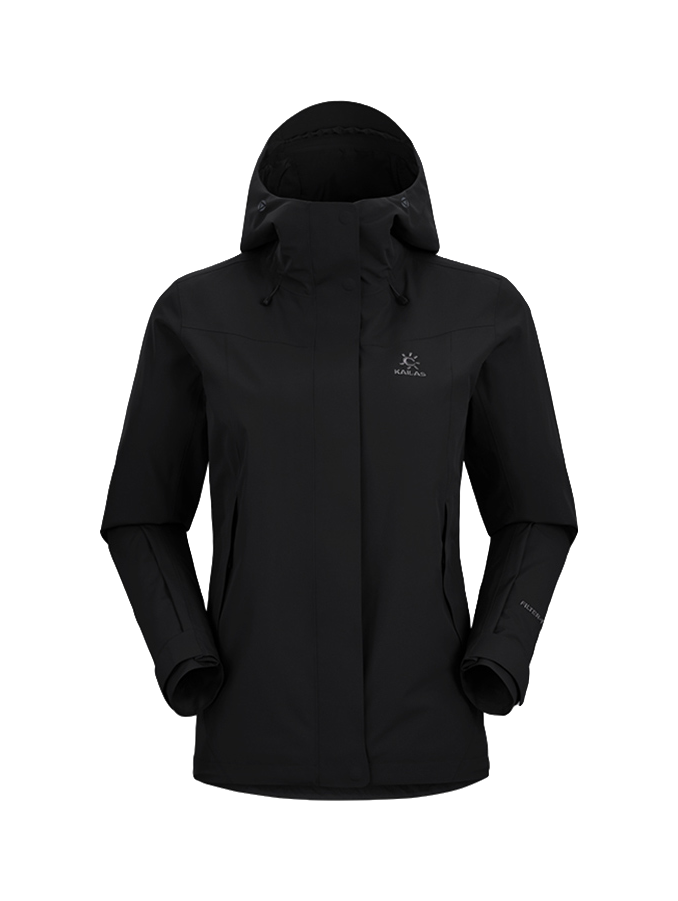 Women's black windbreaker jacket with adjustable hood, zip front, and side pockets.