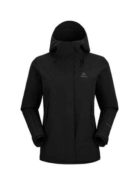 Women's black windbreaker jacket with adjustable hood, zip front, and side pockets.