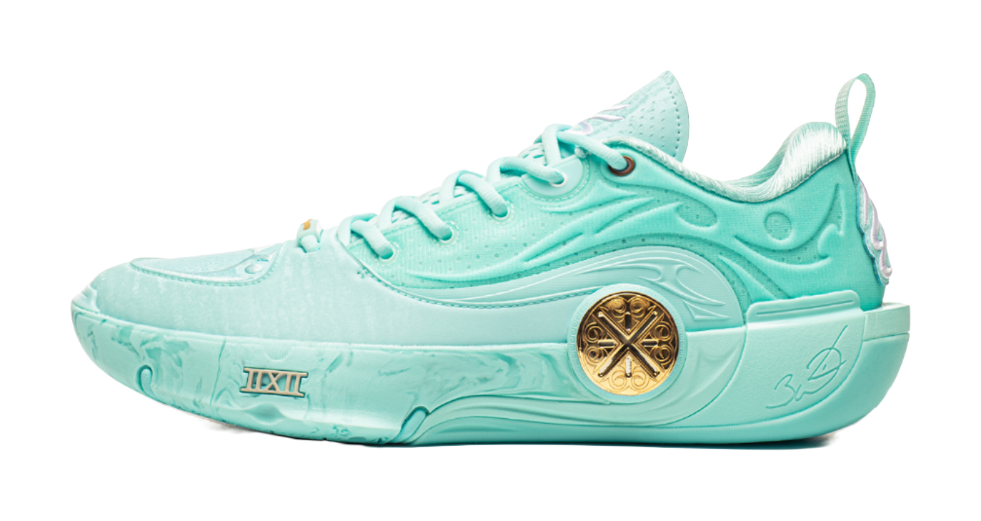 Men's low-top basketball shoes in light teal with lace-up and gold emblem detail