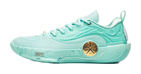 Men's low-top basketball shoes in light teal with lace-up and gold emblem detail