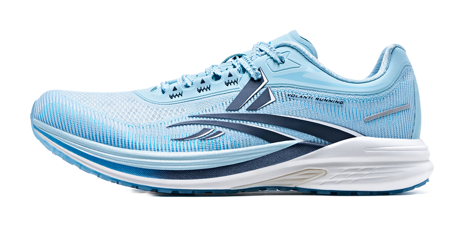 Unisex running shoe in light blue with dark gray side stripe and lace-up closure