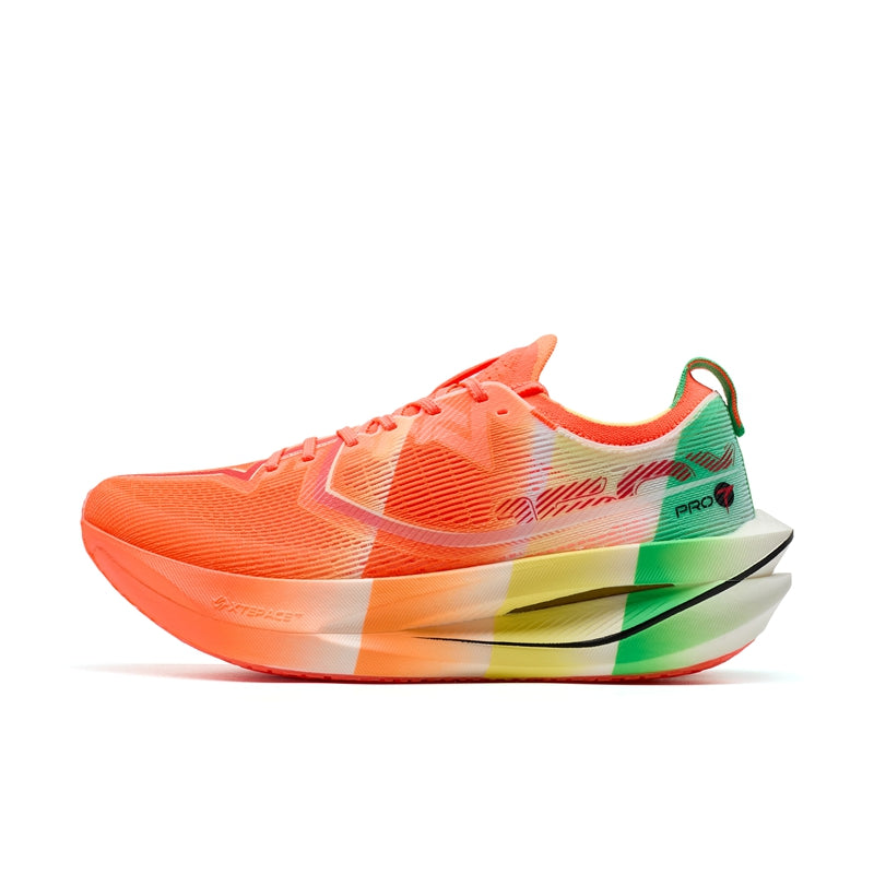 Marathon racing shoe in orange-red knit upper with green heel panel and lace-up front
