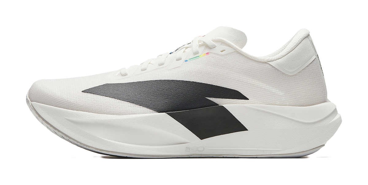 White and black running shoe with lace-up upper and bold side stripe accents
