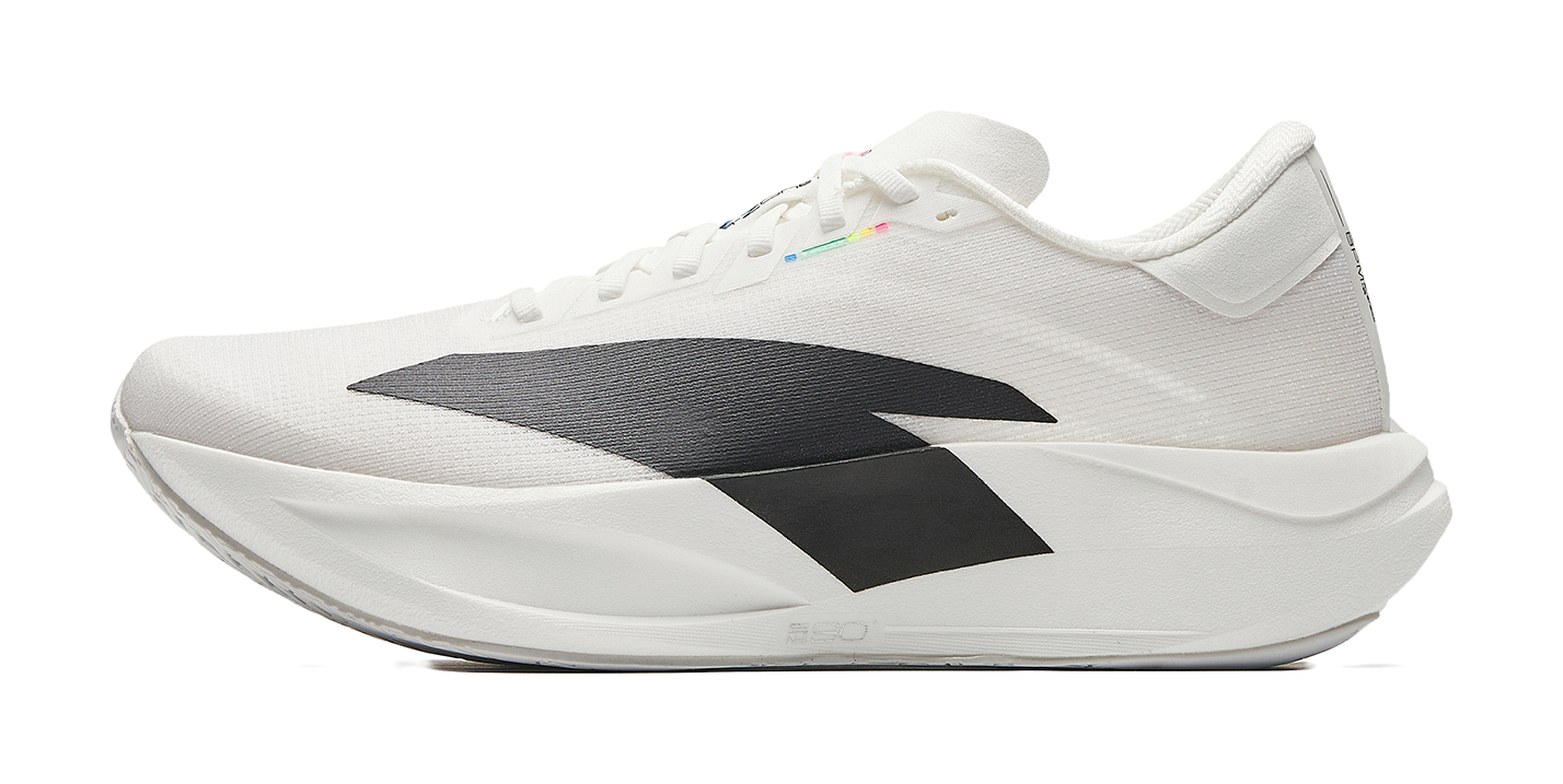 White and black running shoe with lace-up upper and bold side stripe accents