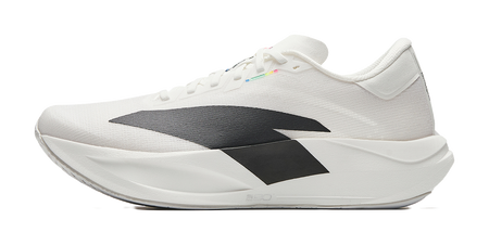 White and black running shoe with lace-up upper and bold side stripe accents