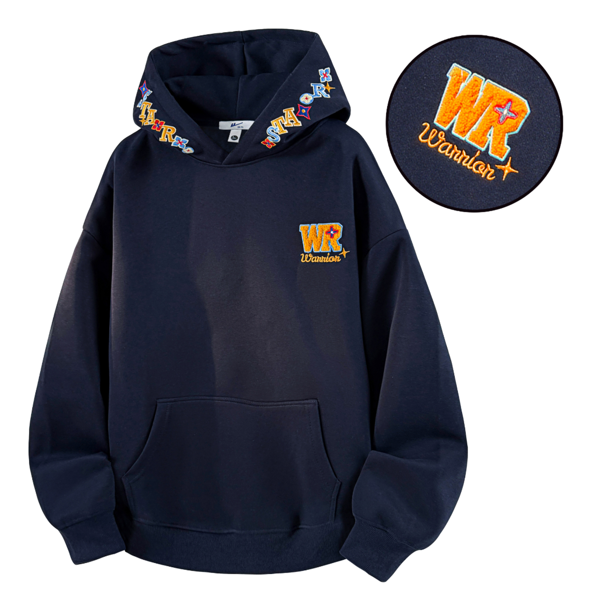 Warrior Warrior American Basic Retro Fun Embroidered Letter Logo Loose Casual Trend Versatile Windproof College Style Sports Couple Hooded Long Sleeve Thick Velvet Hoodie for Men and Women  vjsneaker.com