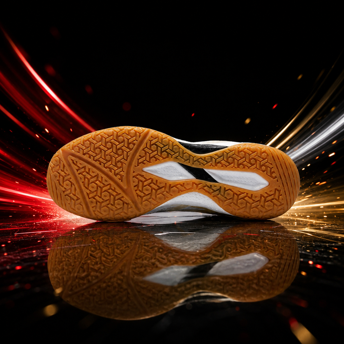 Table tennis shoe outsole with tan patterned tread and white accents, underside close-up.