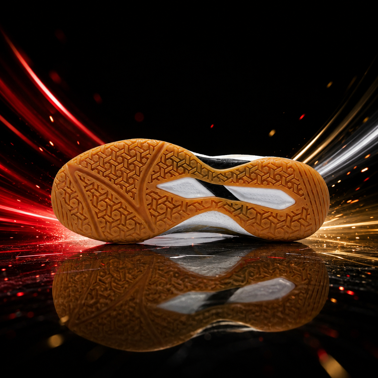 Table tennis shoe outsole with tan patterned tread and white accents, underside close-up.