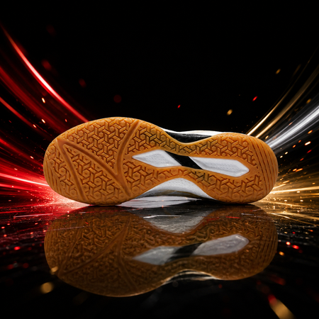 Table tennis shoe outsole with tan patterned tread and white accents, underside close-up.
