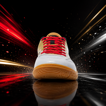 White and gold table tennis shoe heel with red laces and tan rubber outsole, rear view.