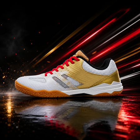 White and gold table tennis shoe with red laces and tan patterned outsole, profile view.