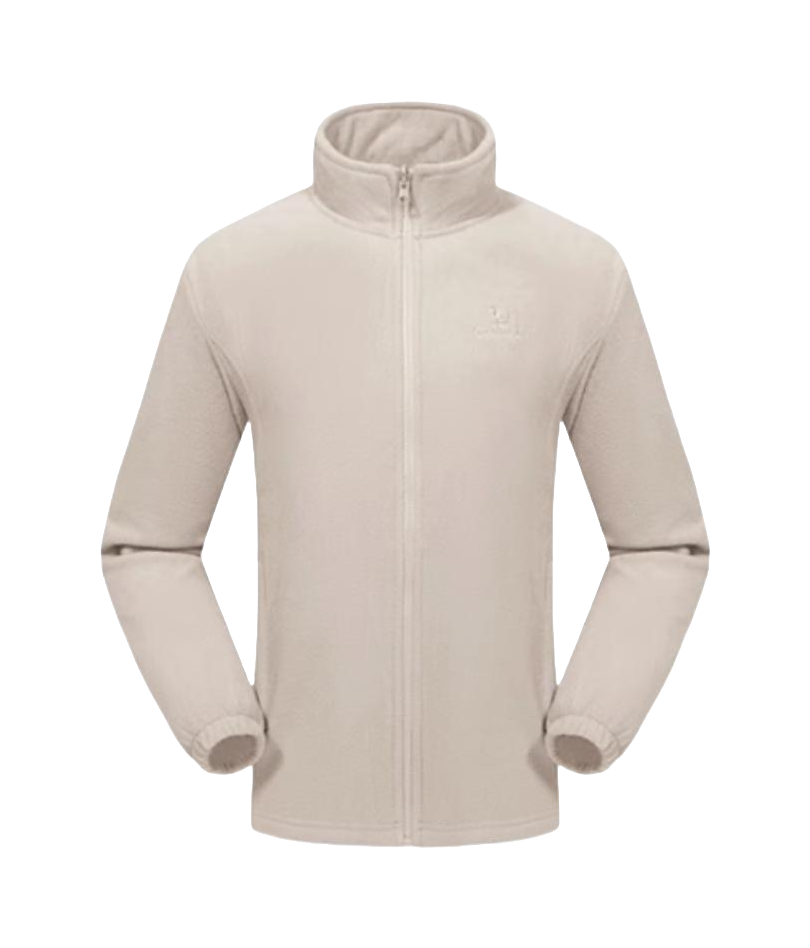 Light beige hooded zip jacket with stand collar and subtle chest logo.