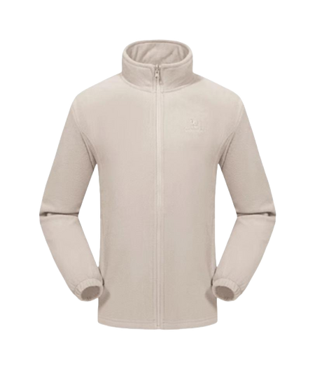 Light beige hooded zip jacket with stand collar and subtle chest logo.