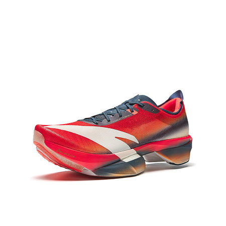 Men's marathon racing shoe, front side view in red-orange gradient with white panel
