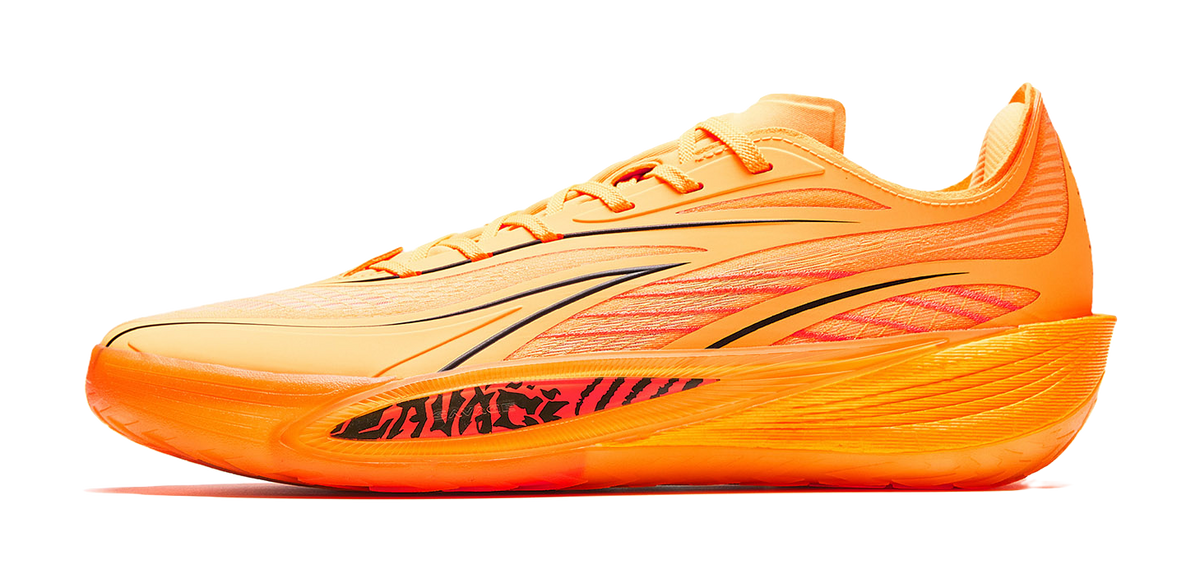 Anta Crazy 5 low-top basketball shoe in orange and yellow with patterned side stripes