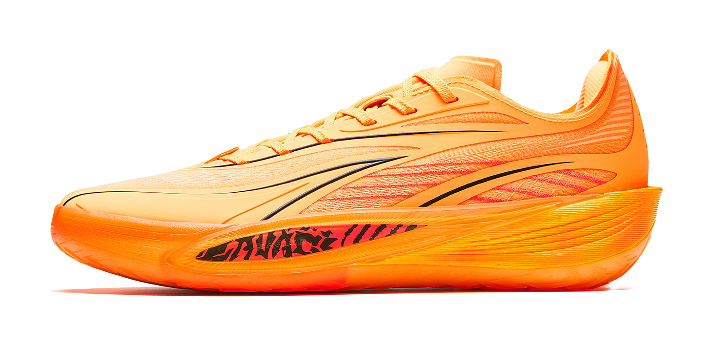 Anta Crazy 5 low-top basketball shoe in orange and yellow with patterned side stripes