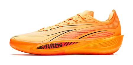 Anta Crazy 5 low-top basketball shoe in orange and yellow with patterned side stripes