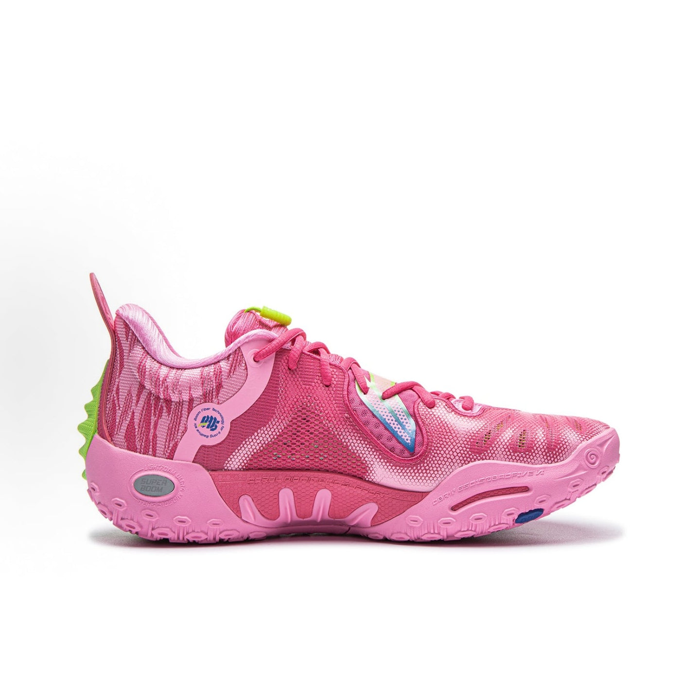 Unisex pink basketball shoe with mesh-like upper, blue emblem, and lime-green trim