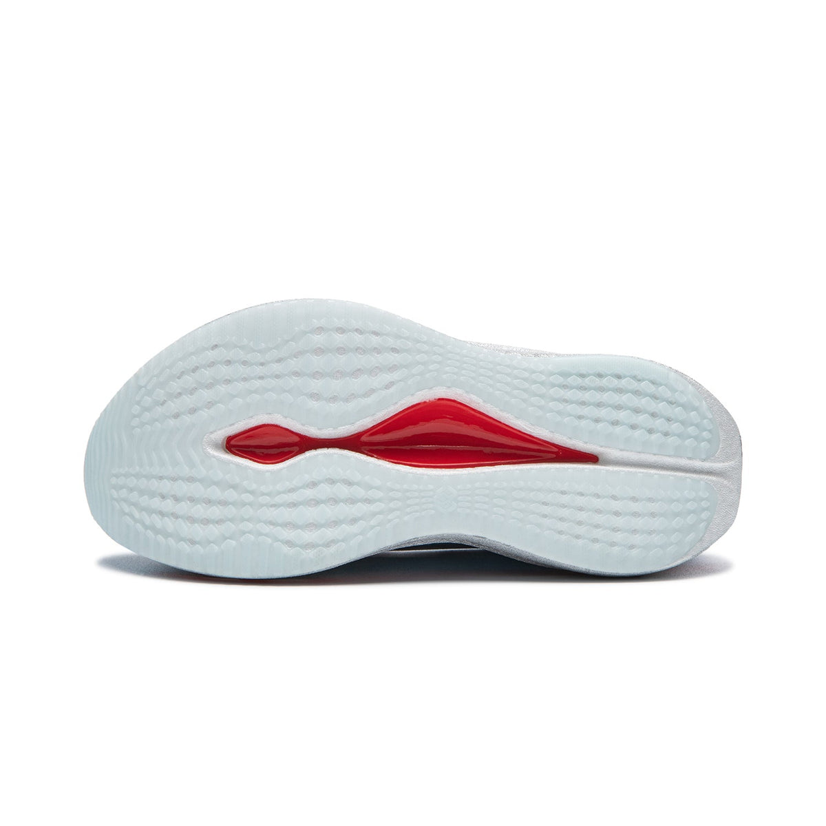 Women's running shoes outsole, white tread with red logo accents