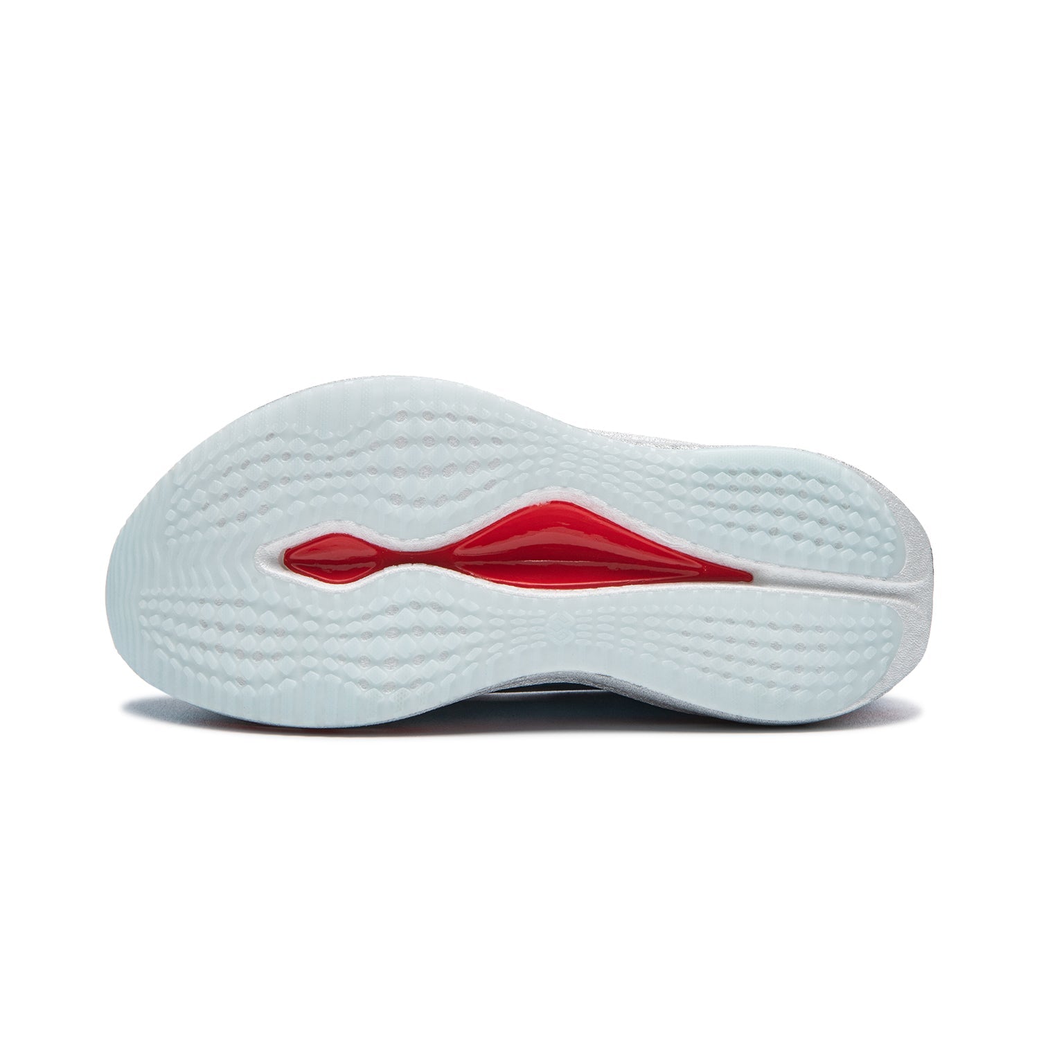 Women's running shoes outsole, white tread with red logo accents