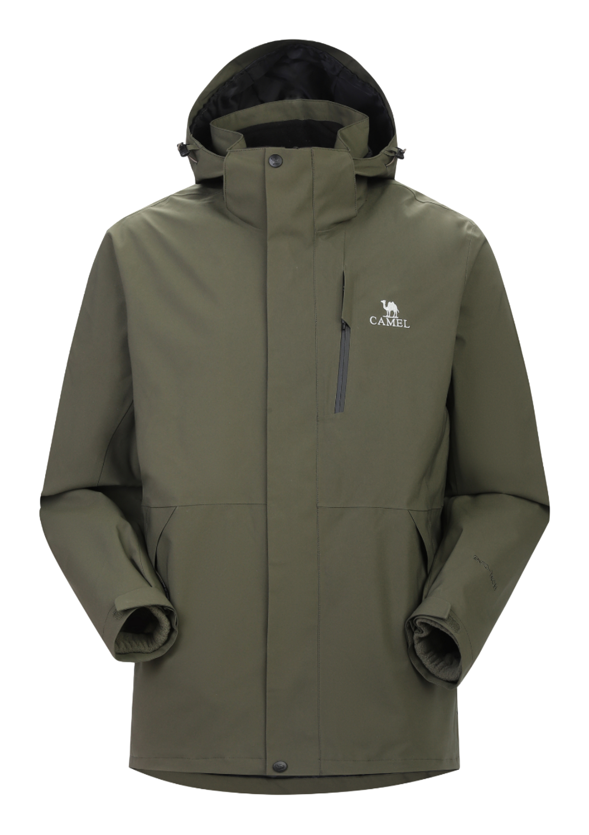 Olive green waterproof hooded jacket with front zipper and drawstring, long sleeves