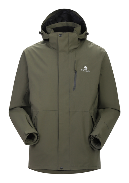 Olive green waterproof hooded jacket with front zipper and drawstring, long sleeves