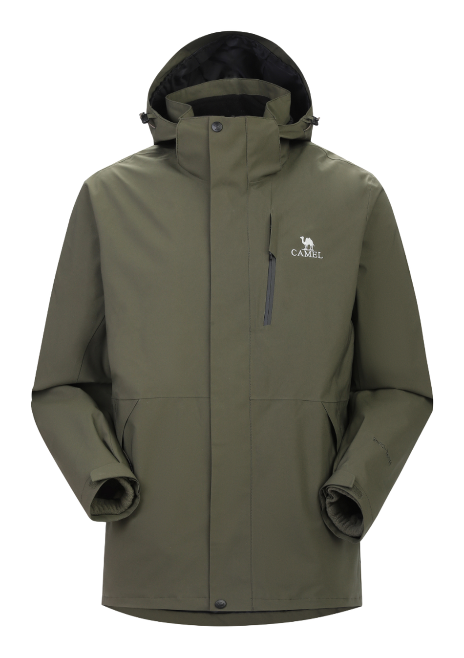 Olive green waterproof hooded jacket with front zipper and drawstring, long sleeves