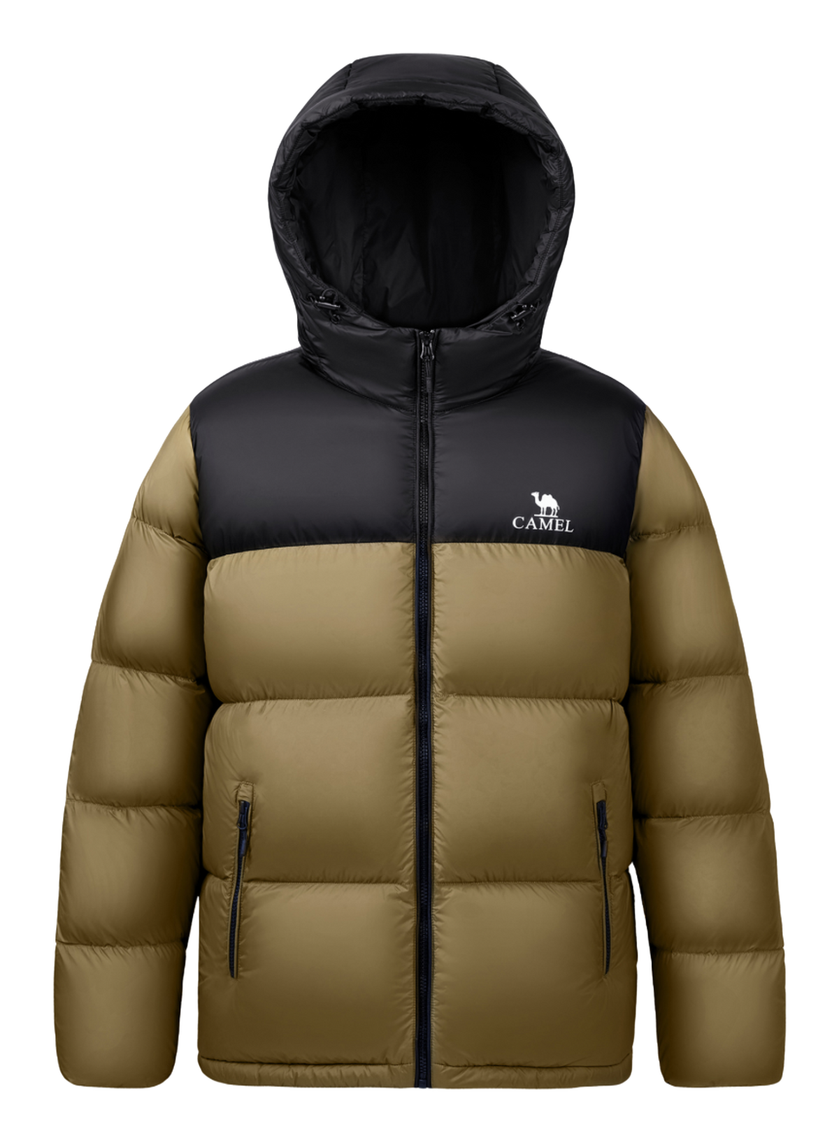 Men's hooded two-tone puffer down jacket in olive and black with side zip pockets