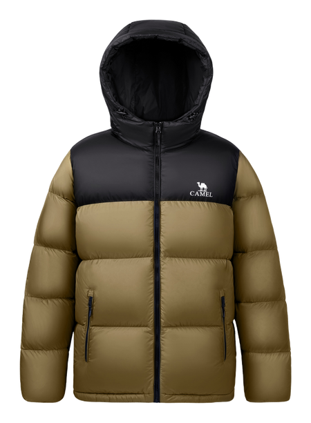 Men's hooded two-tone puffer down jacket in olive and black with side zip pockets
