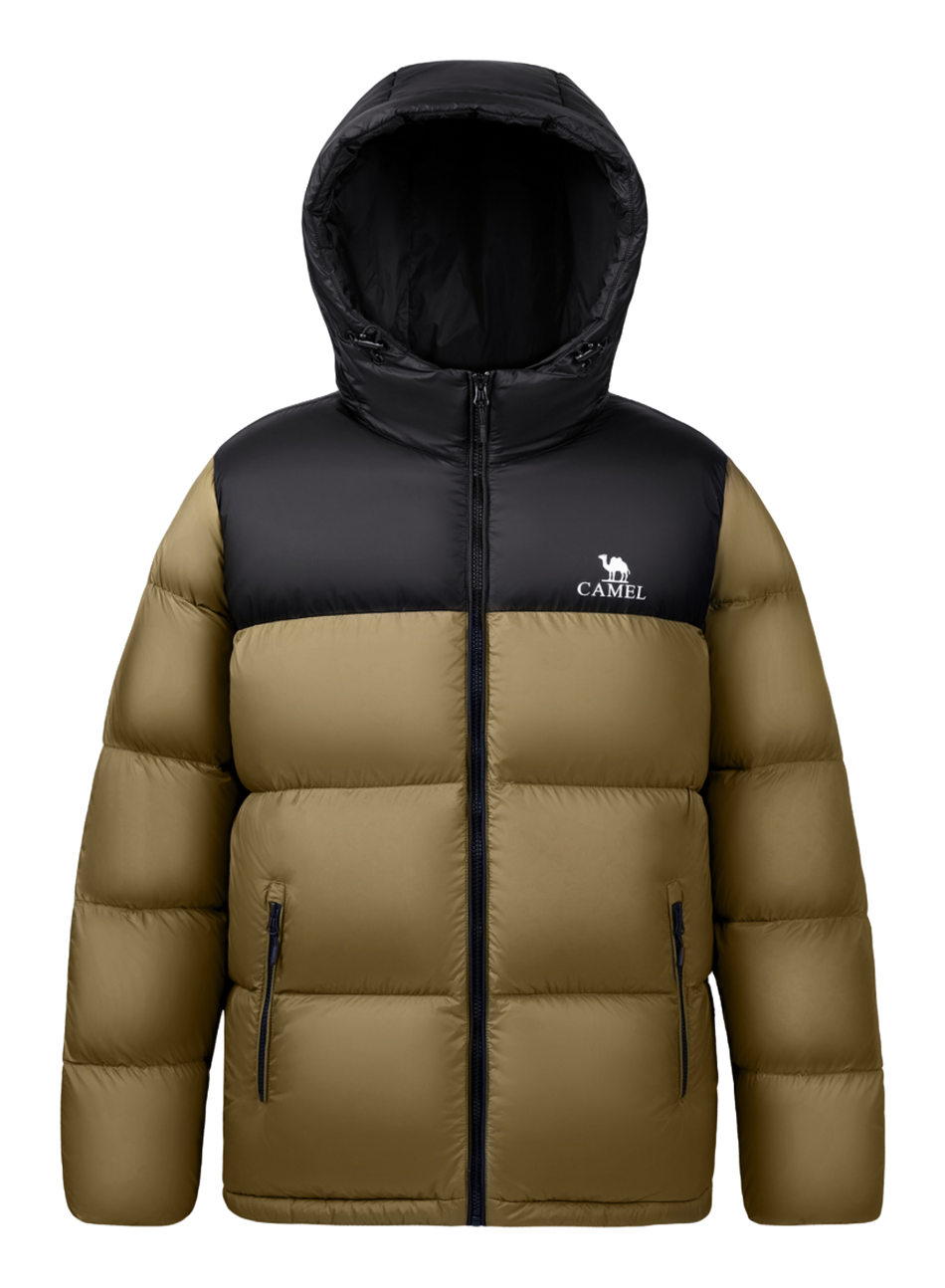 Men's hooded two-tone puffer down jacket in olive and black with side zip pockets
