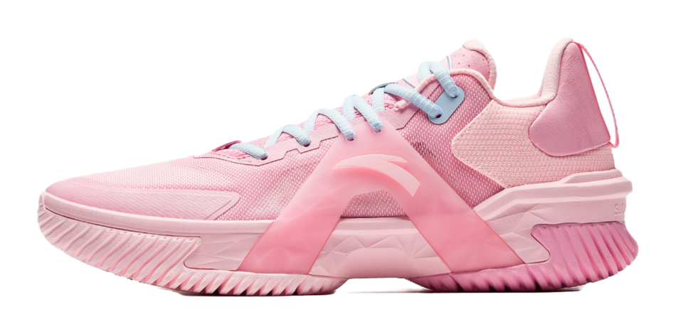Pink mesh basketball shoes with lace-up front and thick cushioned outsole