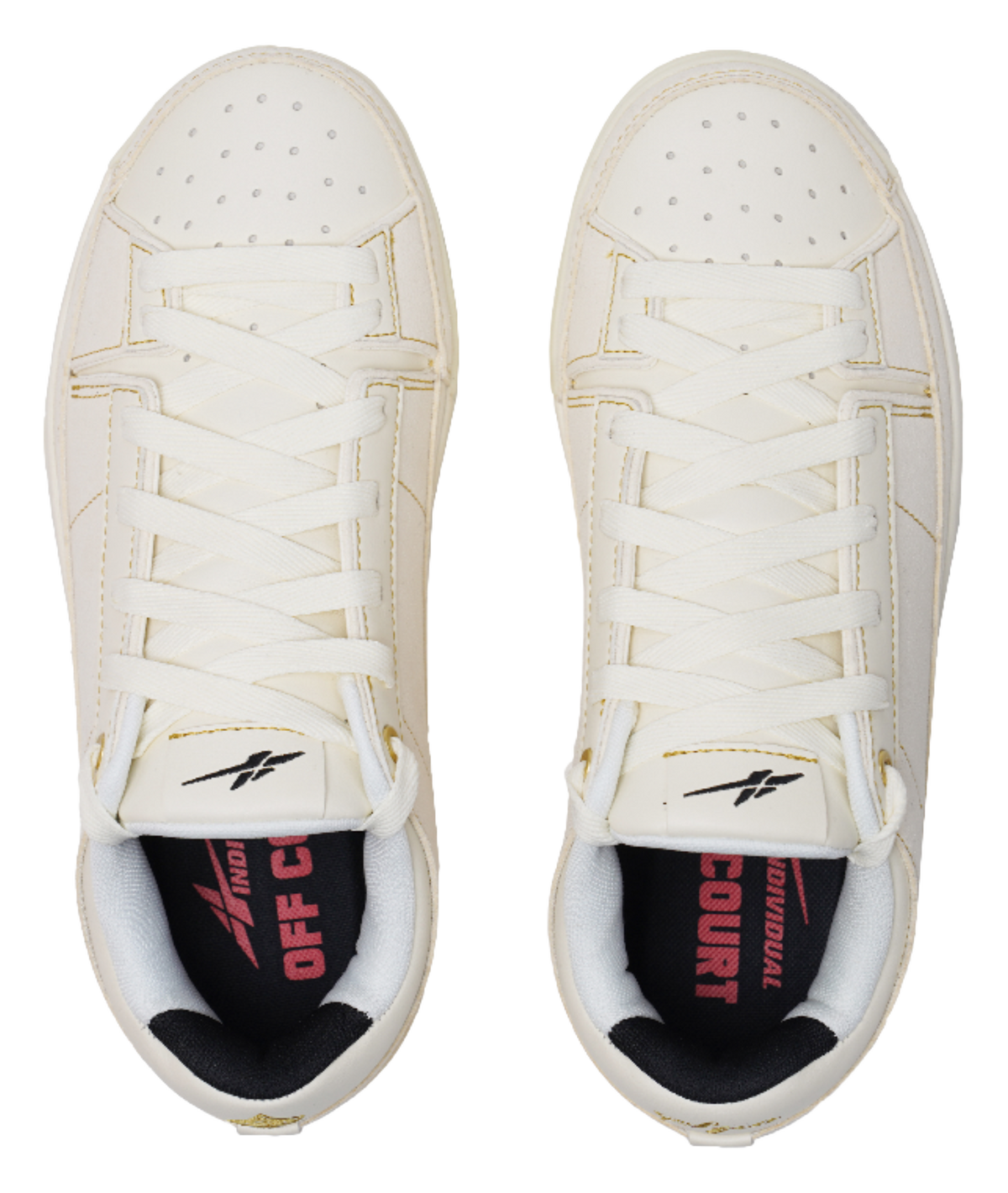Cream sneaker tongues with woven laces and black interior brand patch