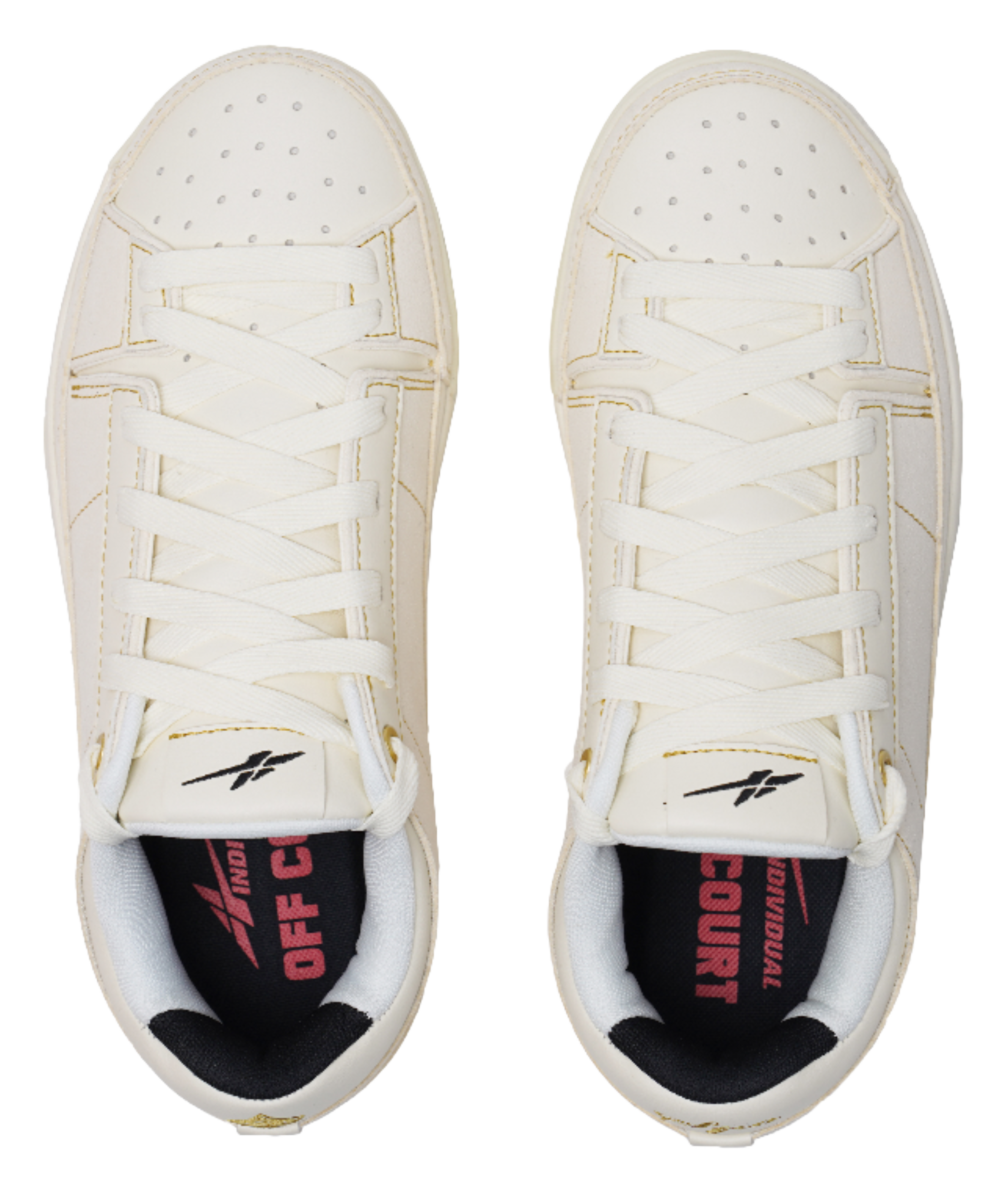 Cream sneaker tongues with woven laces and black interior brand patch