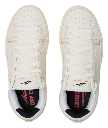 Cream sneaker tongues with woven laces and black interior brand patch